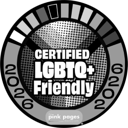 A circular badge says &ldquo;CERTIFIED LGBTQ+ Friendly&rdquo; with a dotted globe background and 2020 framing; small &ldquo;pink pages&rdquo; at bottom. logo on footer section. Link to external website.