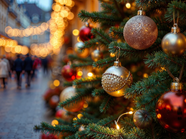 A close-up of a Christmas tree branch with glittering baubles and sparkling lights, with a blurred holiday street in the background.